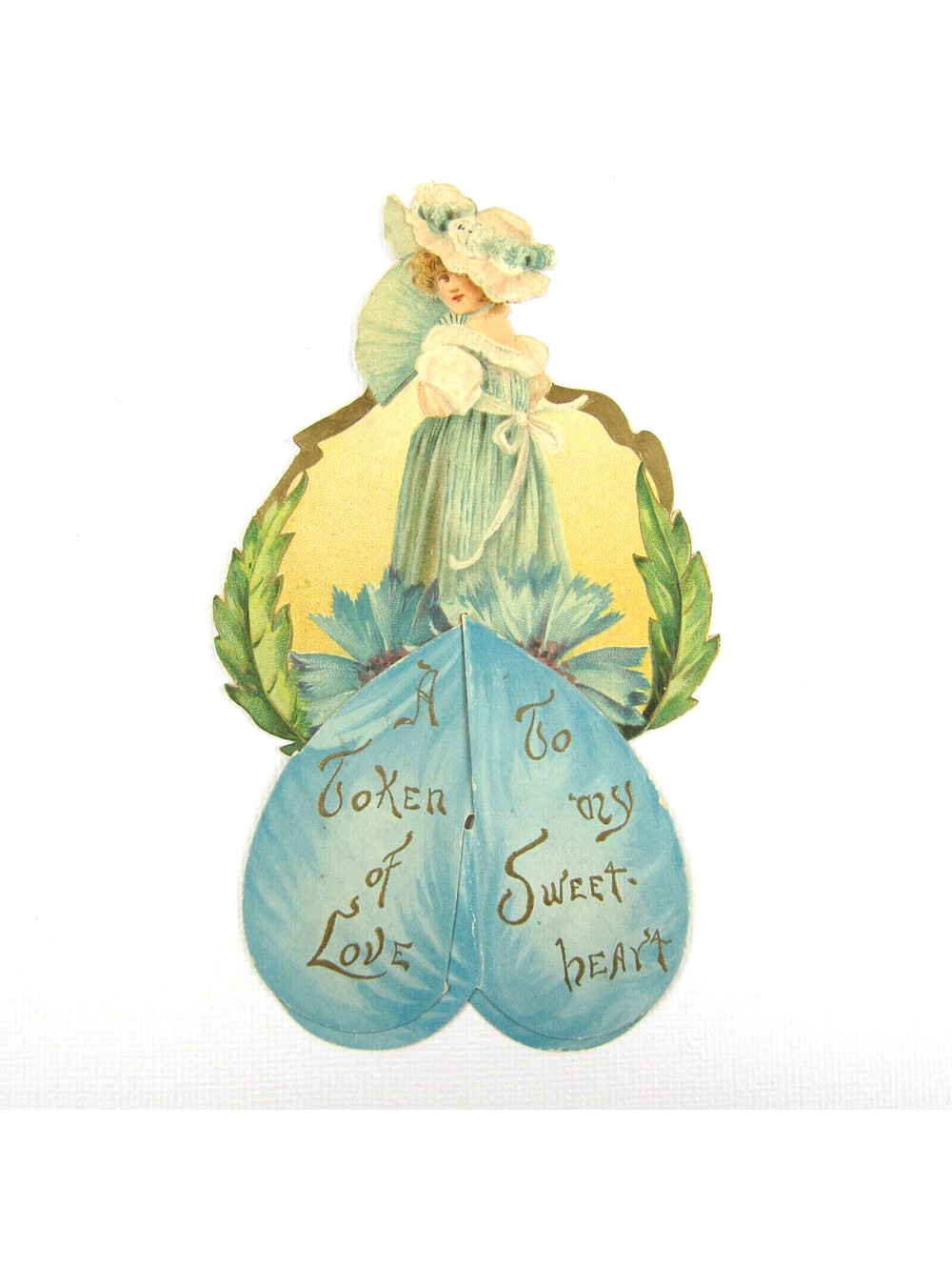 Antique Valentine Card Die Cut Stand Up Girl Hat Fan Blue Dress Flowers UNSIGNED